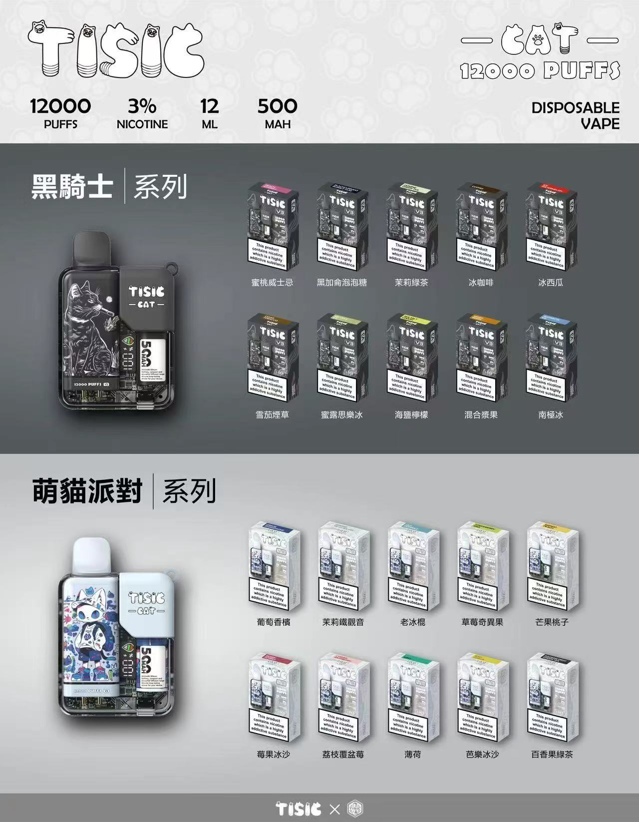 【買10送1】TISIC 黑騎士/萌貓派對 12000口拋棄式主機 搭載500mAh高效快充 12ml超長效不漏油設計 711到付現貨:圖片 2